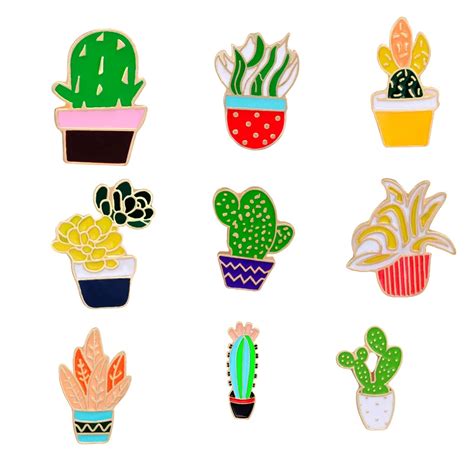 9 Pcsset Fashion Brooch Pins Plant Cactus Plant Metal Hard Enamel Pin