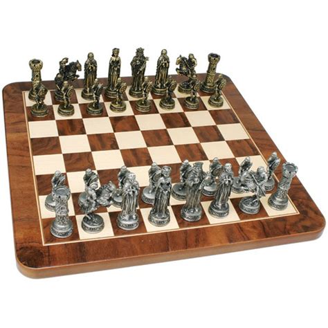 Medieval Chess Set Pewter Pieces And Walnut Root Board 17 In Wood