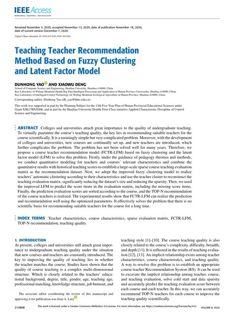 PDF Teaching Teacher Recommendation Method Based On Fuzzy Clustering And Latent Factor Model