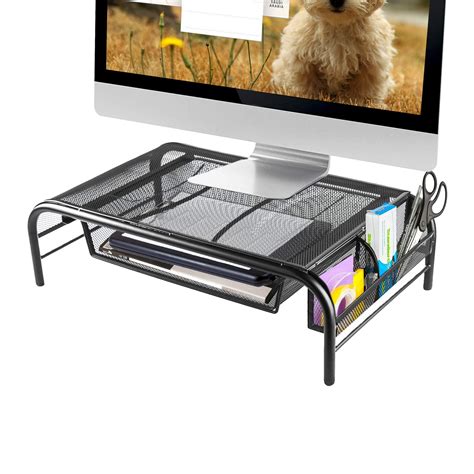 Buy Mesh Monitor Stand Riser And Computer Desk Organizer Black Shelf