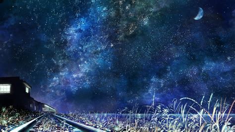 Wallpaper Anime Landscape Moon Scenic Starry Sky Train Station