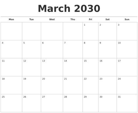 March 2030 Calendars Free