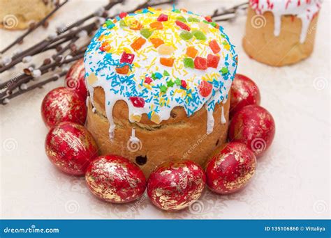 Easter Cakes Or Kulich Paska Bread With Painted Eggs Stock Photo