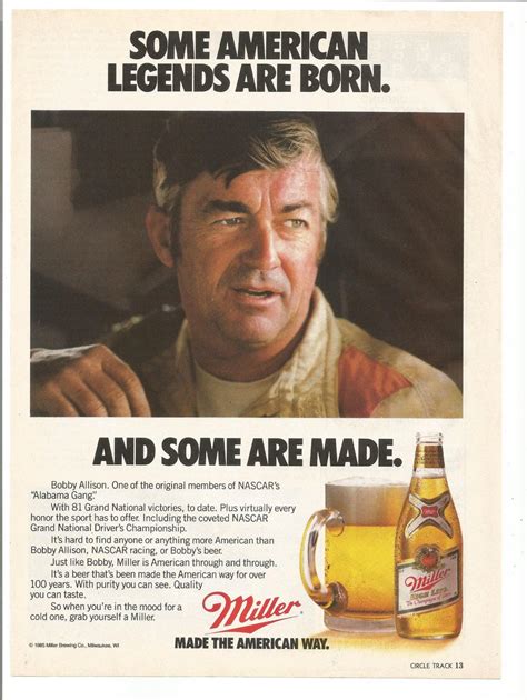1985 Advertisement Bobby Allison Miller Beer Nascar Driver Champion