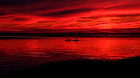 Boats Red Silhouette Dark Background River Twilight Black Sky