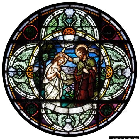 Christs Baptism In A Round Religious Stained Glass Window