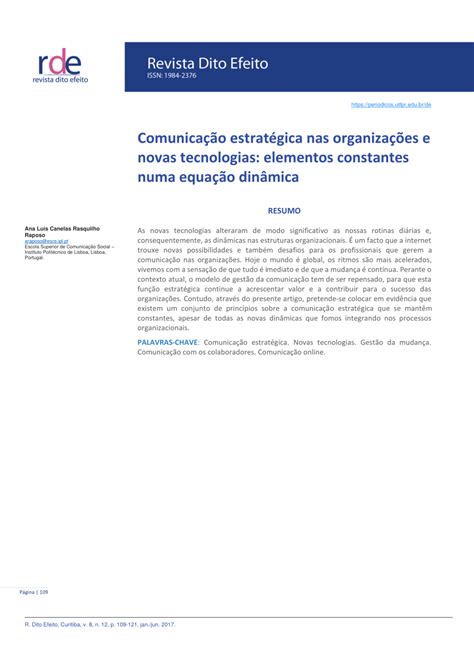 pdf comunicação estratégica nas organizações e novas tecnologias elementos constantes numa