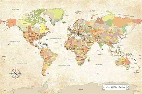 Vintage Style World Push Pin Travel Map Ships In 24 Hours Home Décor