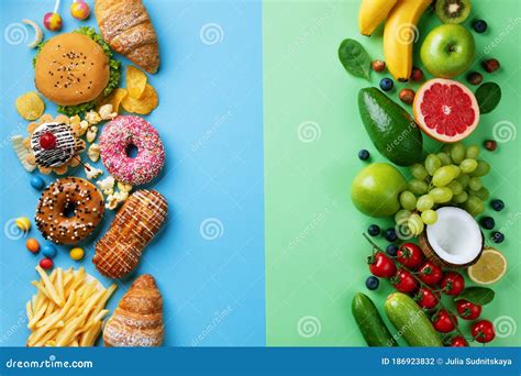 Healthy And Unhealthy Food Background From Fruits And Vegetables Vs
