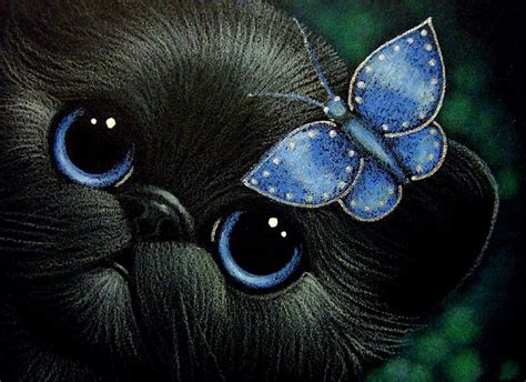 Black Kitten Cat With Friendly Blue Butterfly Black Cat Art Cat Art