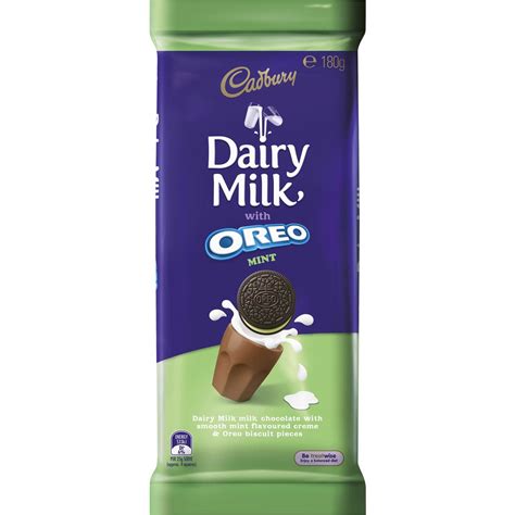 Made with a glass and a half of. Cadbury Dairy Milk Chocolate Oreo Mint 180g block | Woolworths