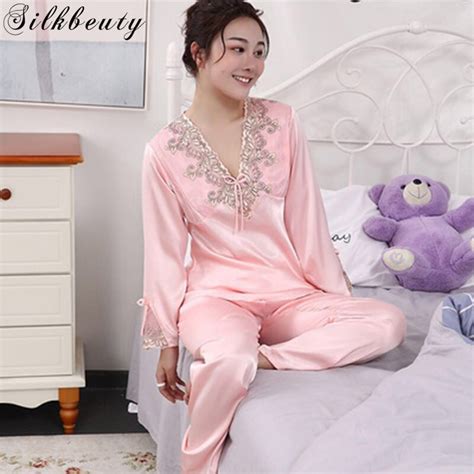 Silkbeuty Pajamas Womens Sexy Lace Mujer V Neck Long Sleeve Pink