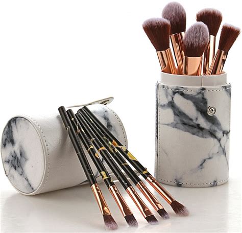 Pcs Marble Makeup Brush Set With Pu Leather Organiser Case Black Handle Colour Zone Cosmetics