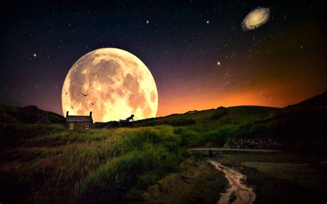 Download Beautiful Full Moon House Field Art Wallpaper