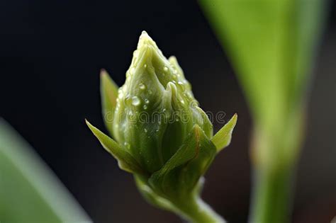 Close Up Of Budding Flower Bud With Visible Petals And Leaves Stock