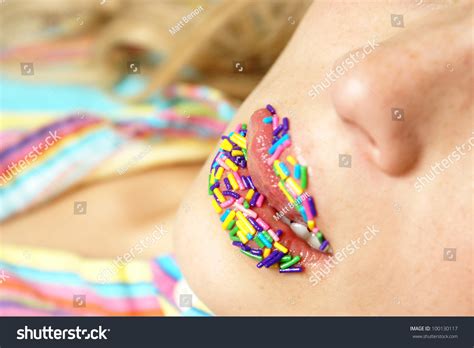 A Woman Licks Her Candy Coated Lips Shallow Dof On Bottom Lip Stock