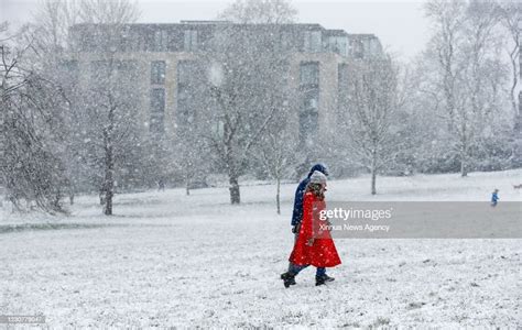 London Jan 24 2021 People Walk In The Snow In London Britain