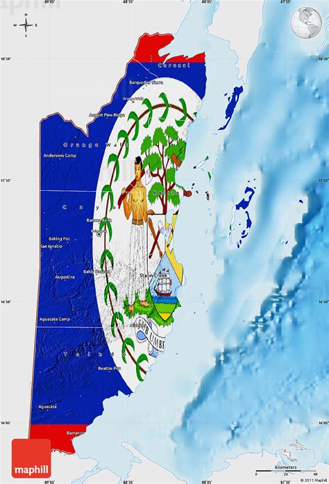 Belize flag coloring pages for kids, toddlers, kindergarten to color and print. Flag Map of Belize, single color outside, shaded relief sea
