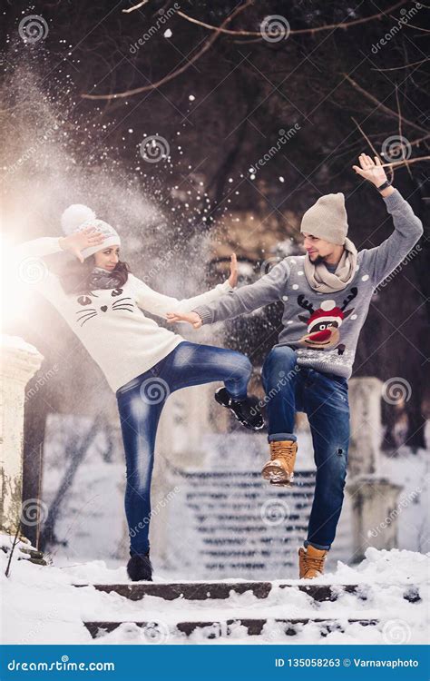 Young Couple In Love Having Fun On A Winter Walk Stock Image Image Of