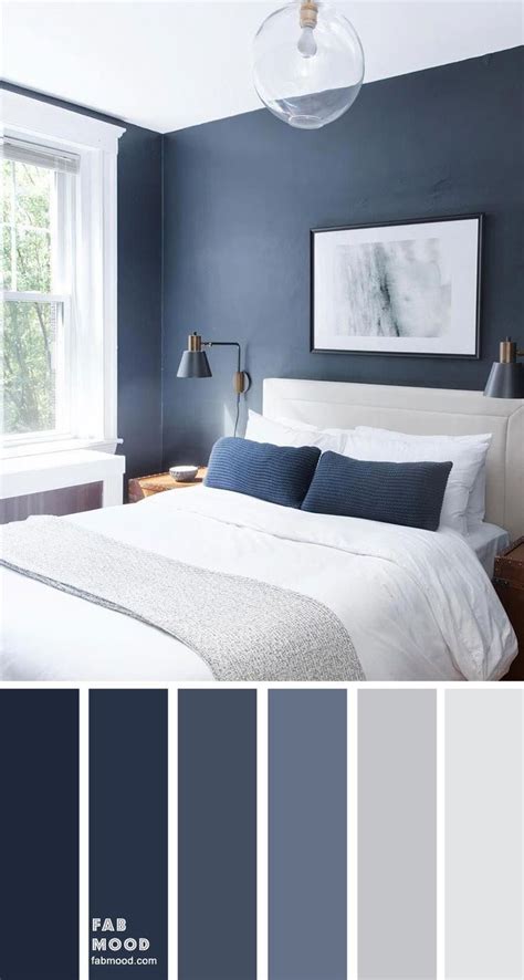 The rich, decadent wall color is offset (and. Dark blue and light grey bedroom color scheme in 2020 ...