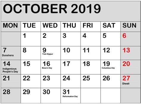 A Calendar With The Month Of October In Red And Black On A White