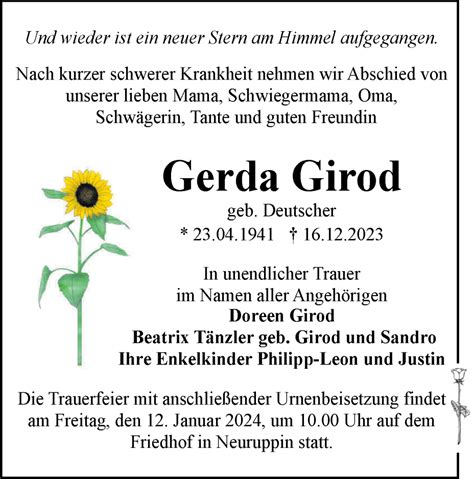 Traueranzeigen Von Gerda Girod Märkische Onlinezeitung Trauerportal