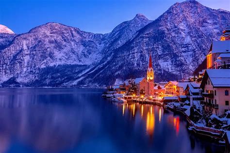 Austria In Winter Winter Town Dusk Austria Serenity Twilight