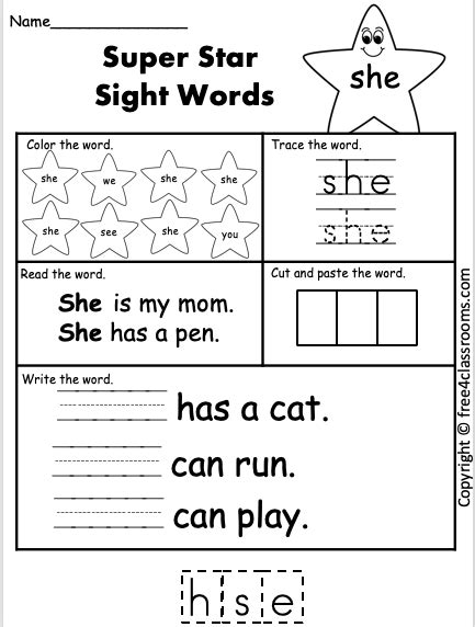 Free Sight Word Worksheet She Free Worksheets Free4classrooms