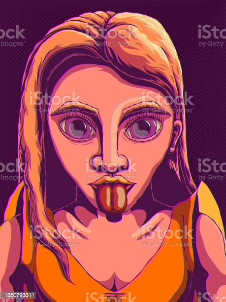 Handdrawn Portrait Illustration Woman With Tongue Hanging Out Stok Vektör Sanatı And 13 19 Yaş