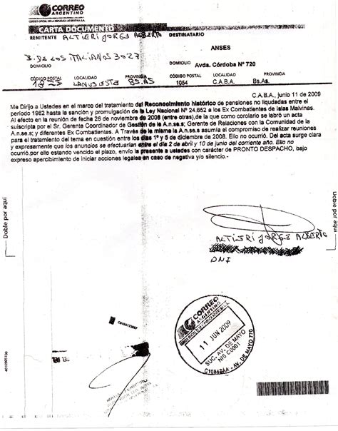 Reconocimiento Histórico Carta Documento Presentada En El Correo Argentino