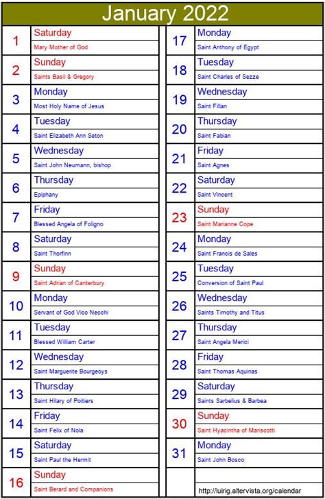 January 2022 Roman Catholic Saints Calendar