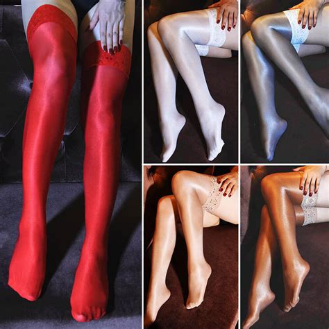 Womens Oil Shiny Glossy High Stockings Lace Silicone Stay Up Thigh Highs Hosiery Ebay