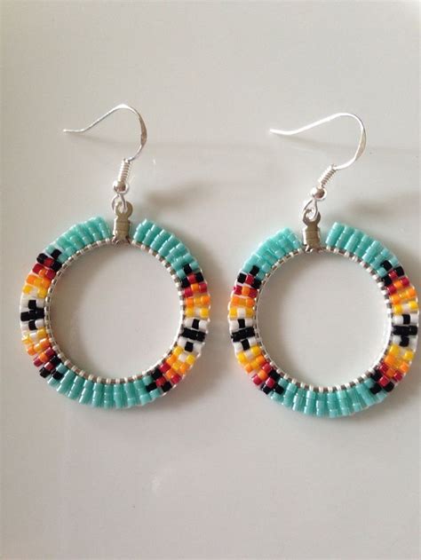 Native American Beaded Hoop Earrings Turquoise By BirchBarkBetty