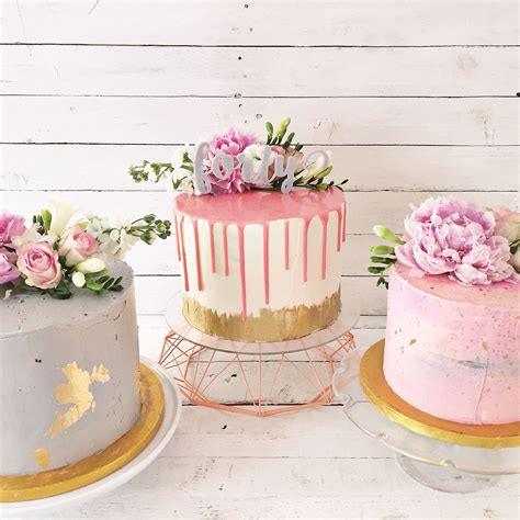 Trio Of Pink Gold And Grey Buttercream Birthday Cakes With Fresh Flowers By Blossom And Crumb