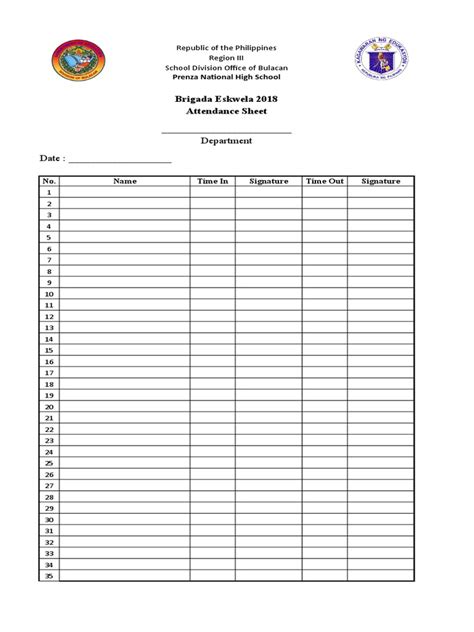 Department Date Brigada Eskwela 2018 Attendance Sheet Pdf