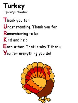 Share thanksgiving poems with your friends via text/sms, email, facebook, whatsapp, im or other social networking sites. Turkey Acrostic Poem