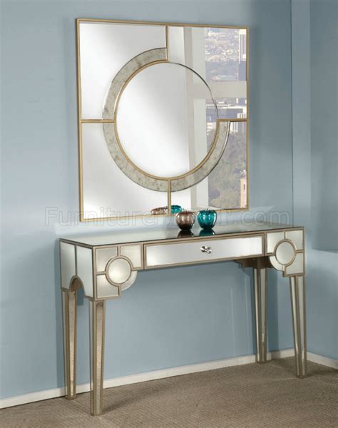 Hanne Console Table And Mirror Set 90246 Mirrored And Gold By Acme