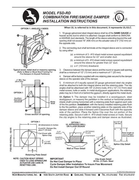 Model Fsd Rd Combination Firesmoke Damper Installation Instructions