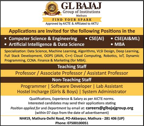 Associate Professor job vacancy at GL Bajaj Group of Institutions, Mathura