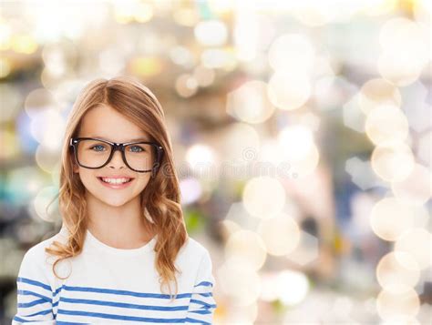 Smiling Cute Little Girl Holding Black Eyeglasses Stock Photo Image