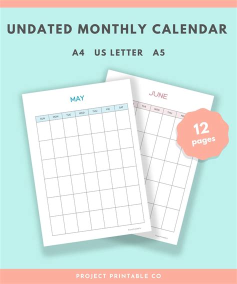 Undated Monthly Calendar Printable Sunday Start Vertical Etsy Vrogue