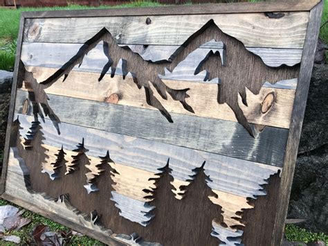 Medium Rustic Mountains And Trees Silhouette Wood Wall Art Etsy