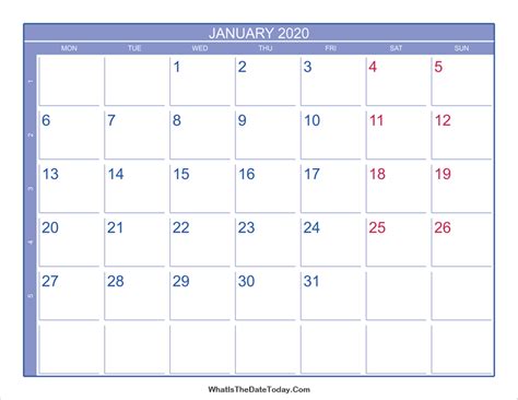 2020 January Calendar With Week Numbers Whatisthedatetodaycom