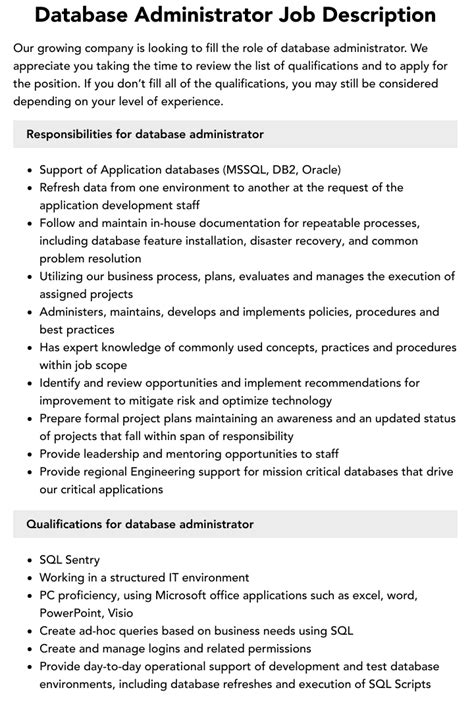 Database Administrator Job Description Velvet Jobs
