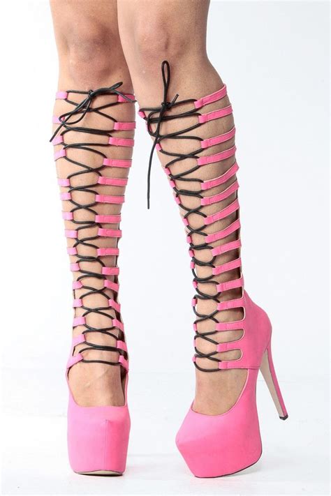 Hot Pink Gladiator Lace Up Platform Heels Cicihot Heel Shoes Online Store Salesstiletto Heel