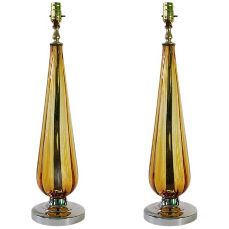 Mid Century Pair Of Italian Amber Murano Glass Table Lamps For Sale At 1stdibs