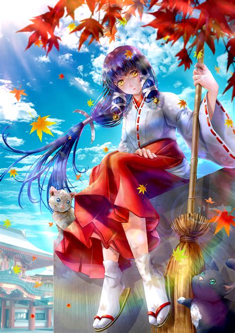 Safebooru 1girl Autumn Autumn Leaves Bangs Black Hair Blue Sky Blunt Bangs Broom Cat Clouds