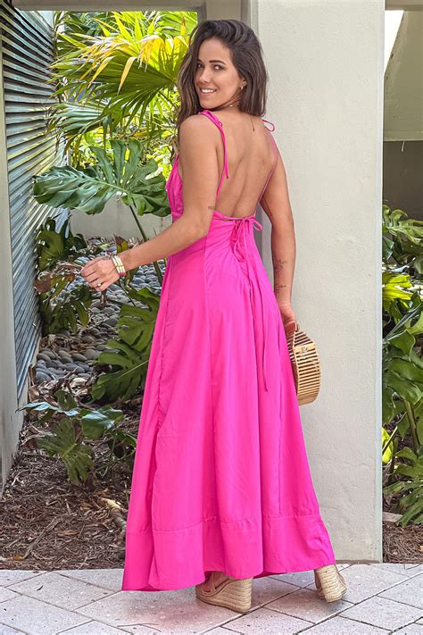 Hot Pink Maxi Dress With Slit And Tie Straps Maxi Dresses Saved By