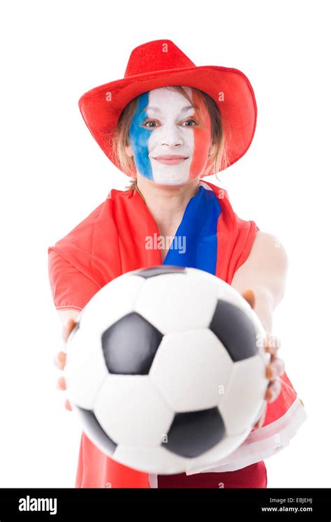 Female French Soccer Fan Holding Football Stock Photo Alamy