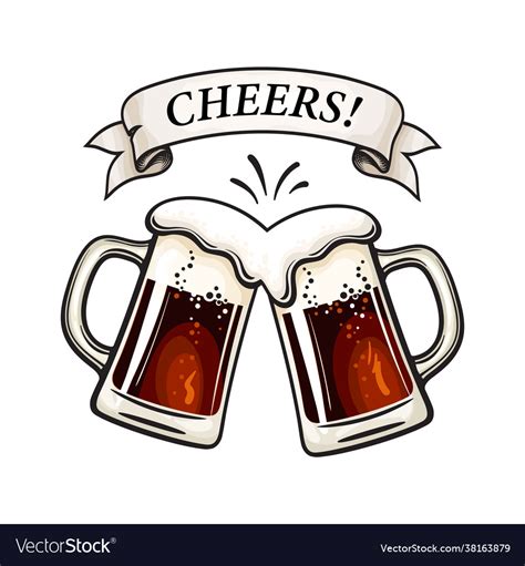 Two Toasting Beer Mugs Cheers Text On Old Ribbon Vector Image
